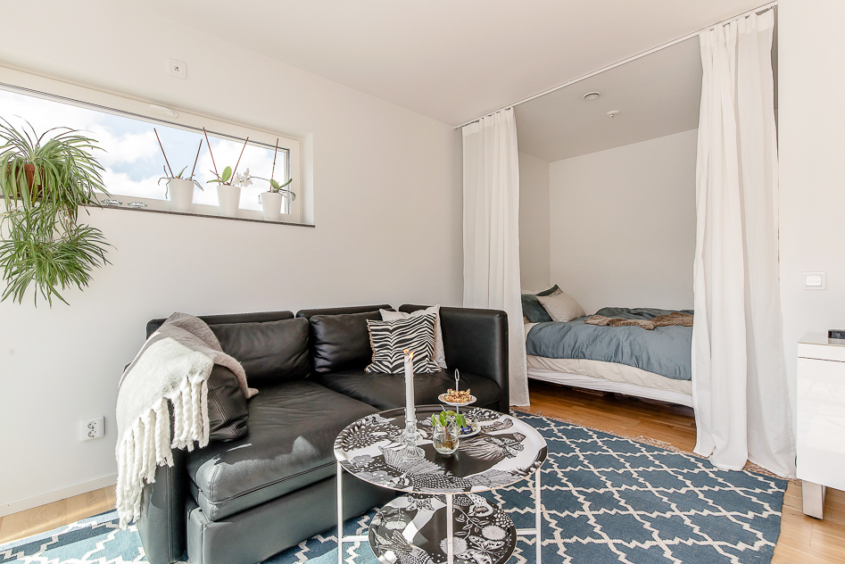 Vardagsrum med sovalkov intill