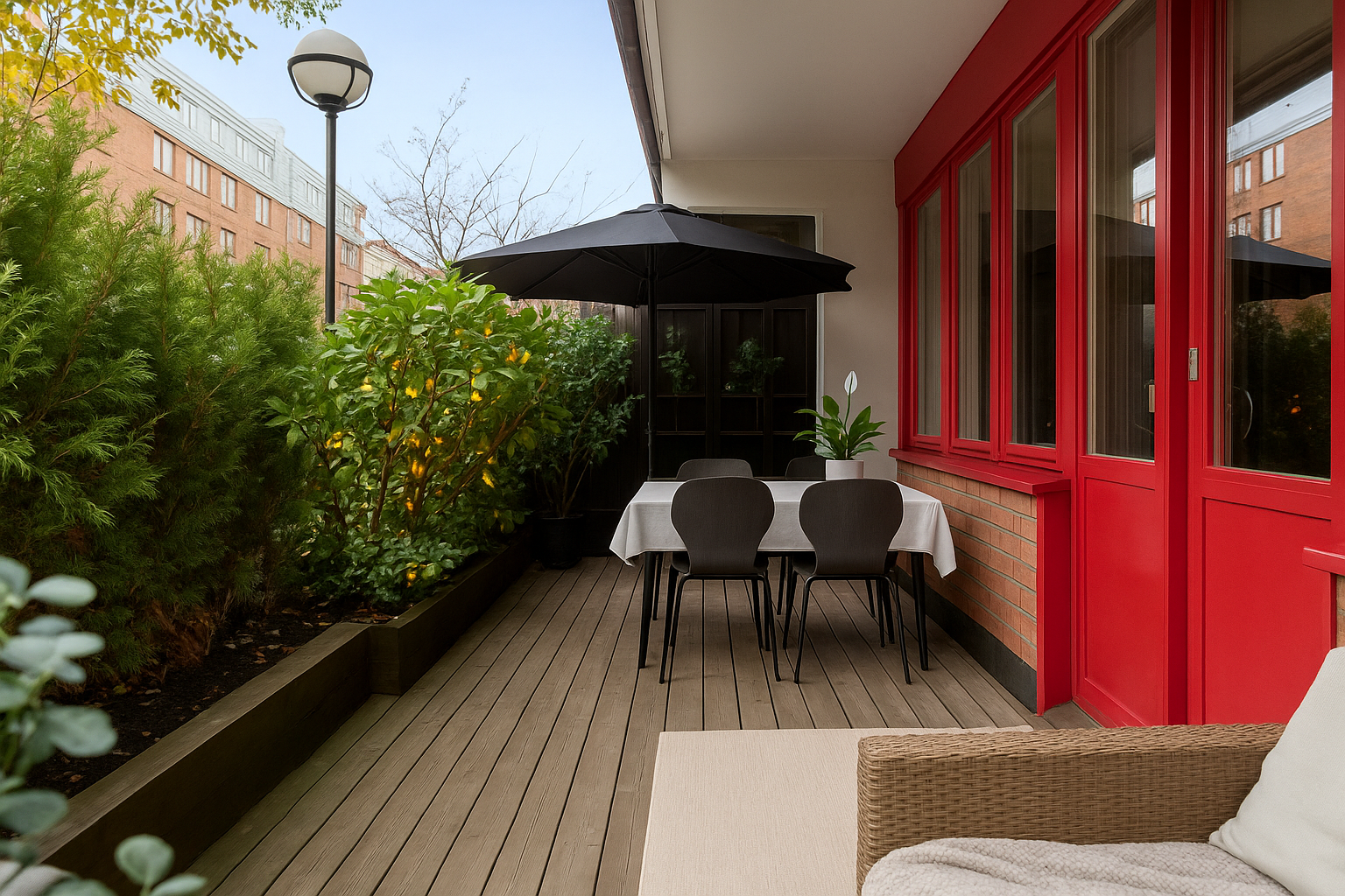 Patio med gro?na inslag och ro?d tegelva?gg